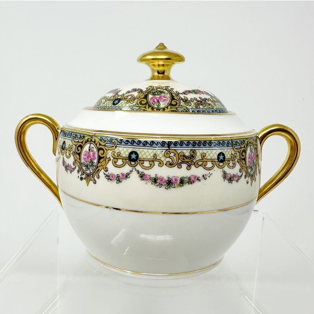Vintage Limoges France Sugar Bowl with Lid Gold‎ Pink Green Floral